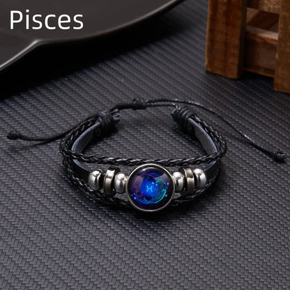 12 Constellation Zodiac Sign Luminous Vintage Leather Bracelet