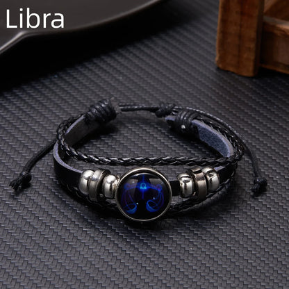 12 Constellation Zodiac Sign Luminous Vintage Leather Bracelet