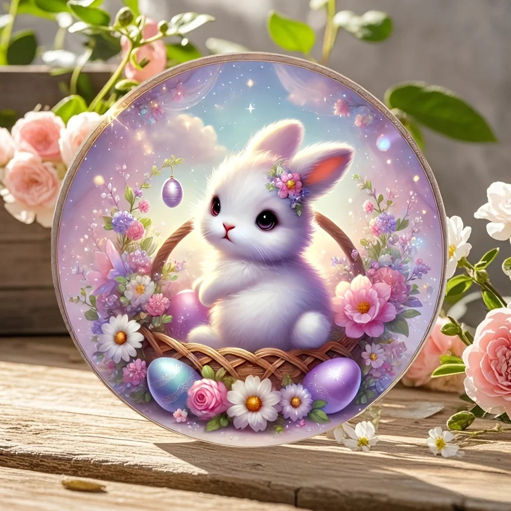 1 cute bunny easter wreath wooden sign-round wooden handmade decorations, rabbit accessories, perfect for room decoration.