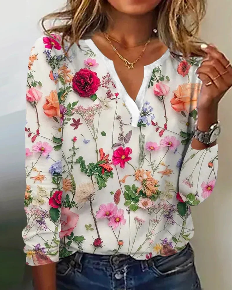 2024 Summer Flower Printed Long Sleeved T-shirt Women Loose Elegant Tops V-neck  Office Lady Vacation Beach Casual Sweet Blouse