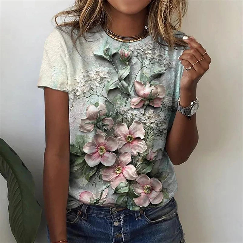 New T Shirt For Women's Clothes Fashion Tops For Woman 3D Flower Print Female Short Sleeve Summer Women's T-shirt Plus Size Tees