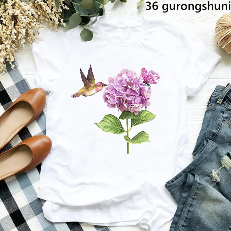 Hummingbird Floral Watercolor Purple Bird  T Shirt