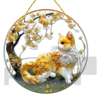 Lively and Lovely Pet Cat Stained Suncatcher-Round Acrylic Translucent Hanging-Porch,door,Home,Garden,yard Room Decor-Ideal Gift