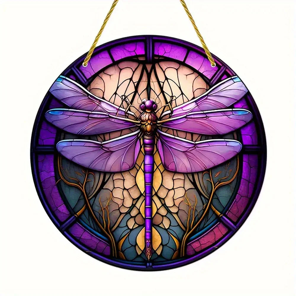 Dragonfly Suncatcher - Round Acrylic Wall Art, Stained -Style Window Hanging, Perfect For Bedroom & Living Room Decor