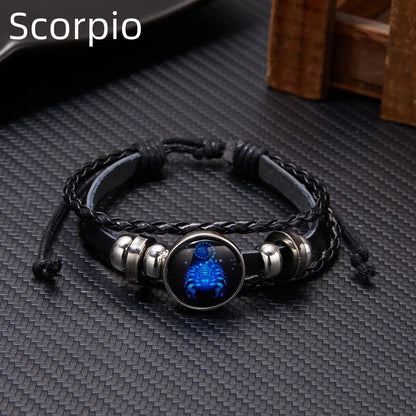 12 Constellation Zodiac Sign Luminous Vintage Leather Bracelet