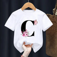 Summer Beautiful Letters Pink Flowers and Butterflies Printed Kids T Shirt Girls Tops Casual Baby Girl T-Shirt  Fashion Short
