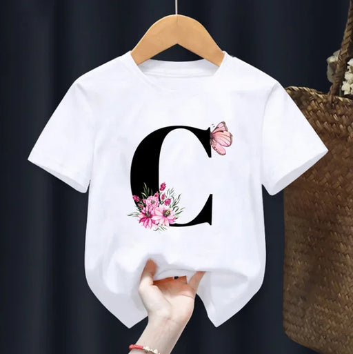 Summer Beautiful Letters Pink Flowers and Butterflies Printed Kids T Shirt Girls Tops Casual Baby Girl T-Shirt  Fashion Short