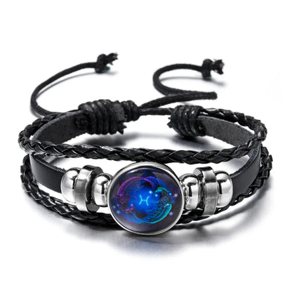 12 Constellation Zodiac Sign Luminous Vintage Leather Bracelet