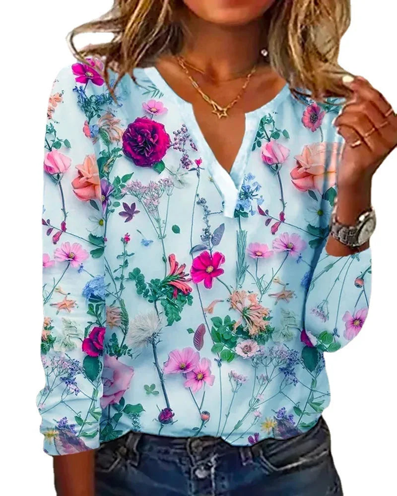 2024 Summer Flower Printed Long Sleeved T-shirt Women Loose Elegant Tops V-neck  Office Lady Vacation Beach Casual Sweet Blouse