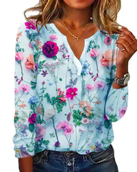 2024 Summer Flower Printed Long Sleeved T-shirt Women Loose Elegant Tops V-neck  Office Lady Vacation Beach Casual Sweet Blouse