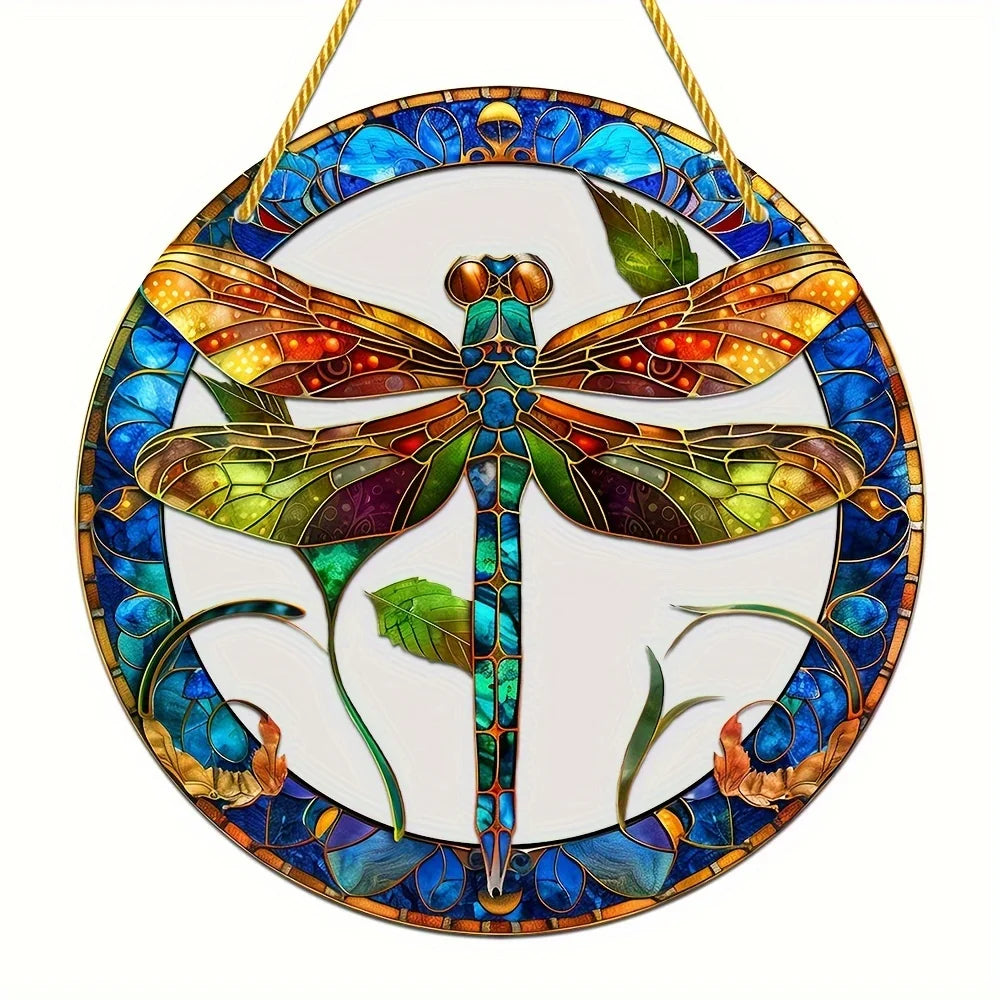 Dragonfly Suncatcher - Round Acrylic Wall Art, Stained -Style Window Hanging, Perfect For Bedroom & Living Room Decor