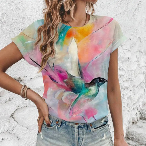 Summer Women's T Shirt bird Print Casual Short Sleeve 3d T-Shirt Fashion Streetwear Crew Neck Pullover Female Oversized Clothing
