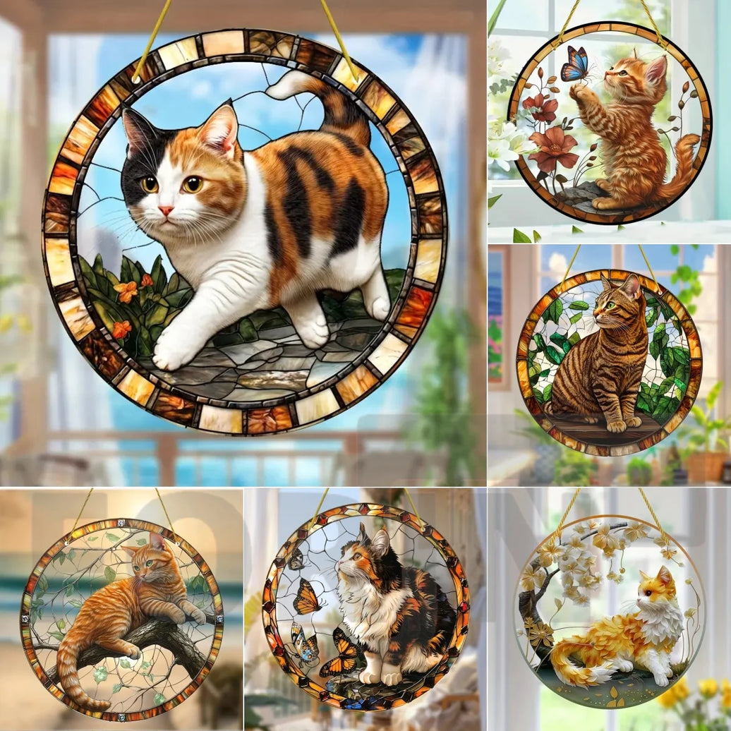 Lively and Lovely Pet Cat Stained Suncatcher-Round Acrylic Translucent Hanging-Porch,door,Home,Garden,yard Room Decor-Ideal Gift