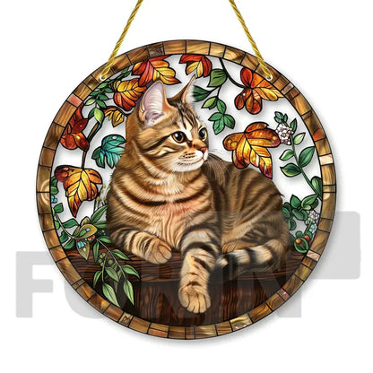 Lively and Lovely Pet Cat Stained Suncatcher-Round Acrylic Translucent Hanging-Porch,door,Home,Garden,yard Room Decor-Ideal Gift