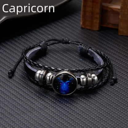 12 Constellation Zodiac Sign Luminous Vintage Leather Bracelet