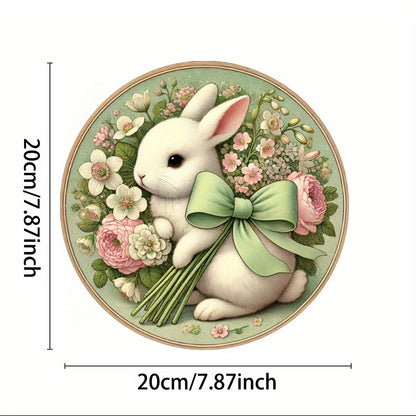1 cute bunny easter wreath wooden sign-round wooden handmade decorations, rabbit accessories, perfect for room decoration.