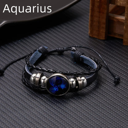12 Constellation Zodiac Sign Luminous Vintage Leather Bracelet