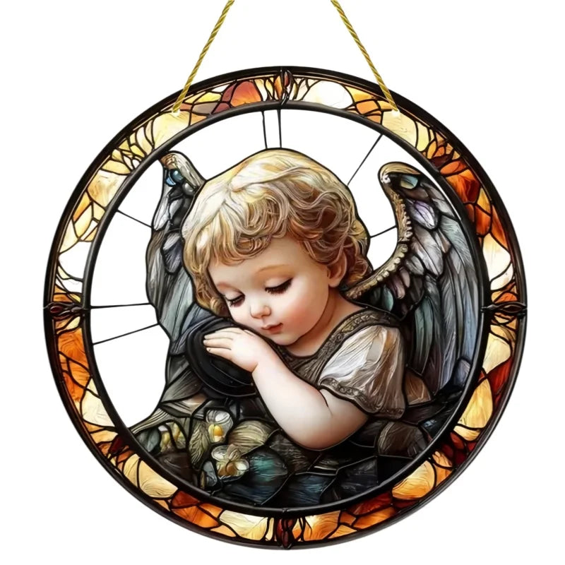 Cute Little Angel Sun Catcher, 2D Circular Acrylic Art Window Hanging, Suitable for Home, Porch, Room, Holiday Decoration, Gifts