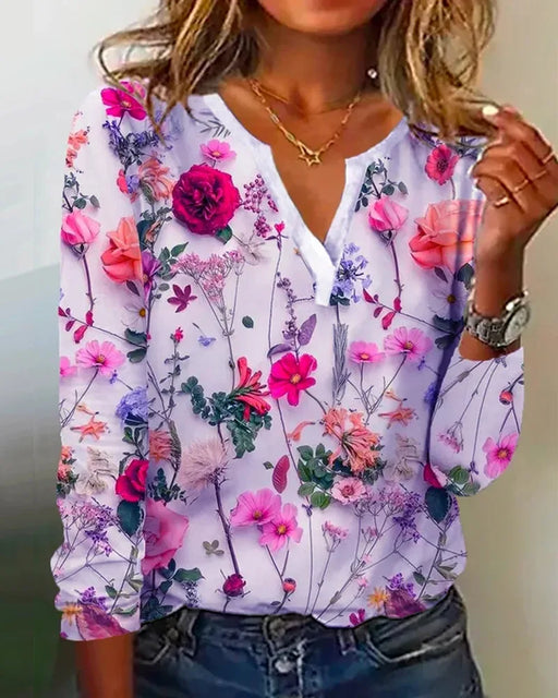 2024 Summer Flower Printed Long Sleeved T-shirt Women Loose Elegant Tops V-neck  Office Lady Vacation Beach Casual Sweet Blouse
