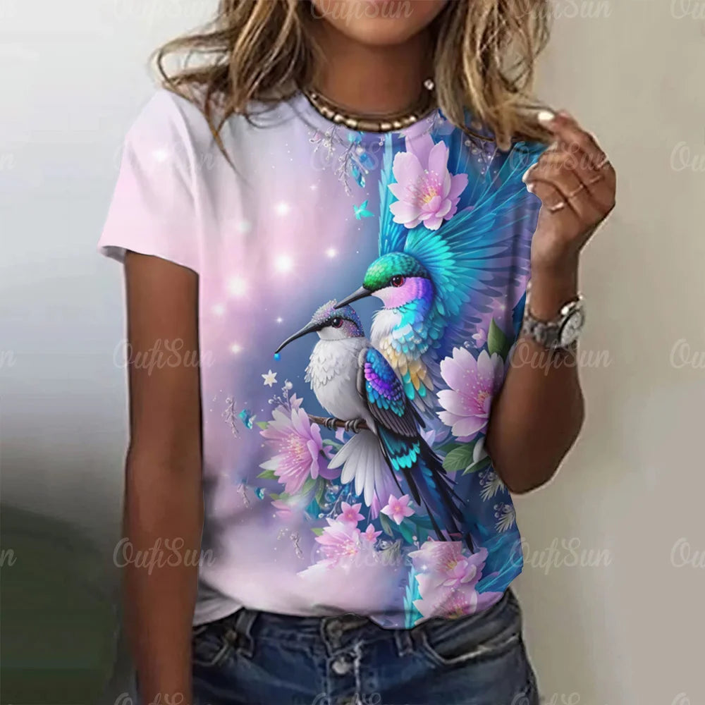 Summer Women's T Shirt bird Print Casual Short Sleeve 3d T-Shirt Fashion Streetwear Crew Neck Pullover Female Oversized Clothing