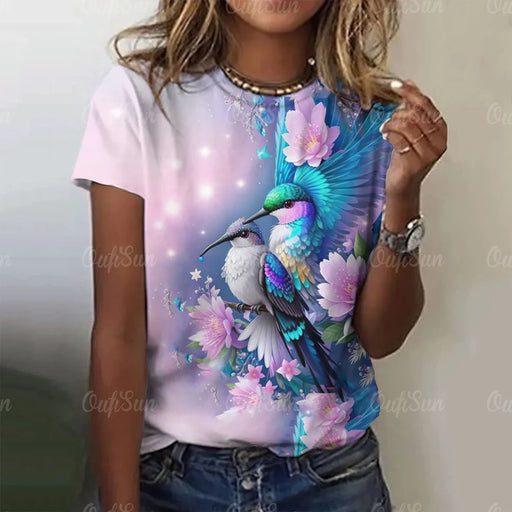 Summer Women's T Shirt bird Print Casual Short Sleeve 3d T-Shirt Fashion Streetwear Crew Neck Pullover Female Oversized Clothing