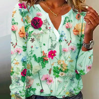 2024 Summer Flower Printed Long Sleeved T-shirt Women Loose Elegant Tops V-neck  Office Lady Vacation Beach Casual Sweet Blouse