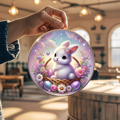 1 cute bunny easter wreath wooden sign-round wooden handmade decorations, rabbit accessories, perfect for room decoration.