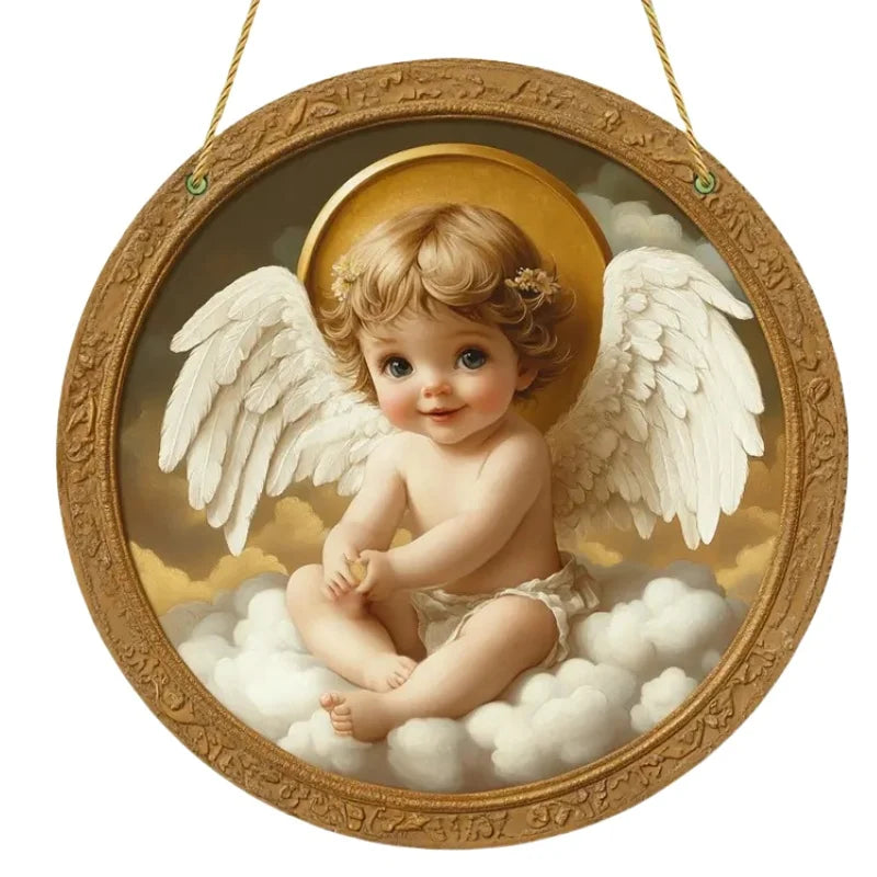 Cute Little Angel Sun Catcher, 2D Circular Acrylic Art Window Hanging, Suitable for Home, Porch, Room, Holiday Decoration, Gifts