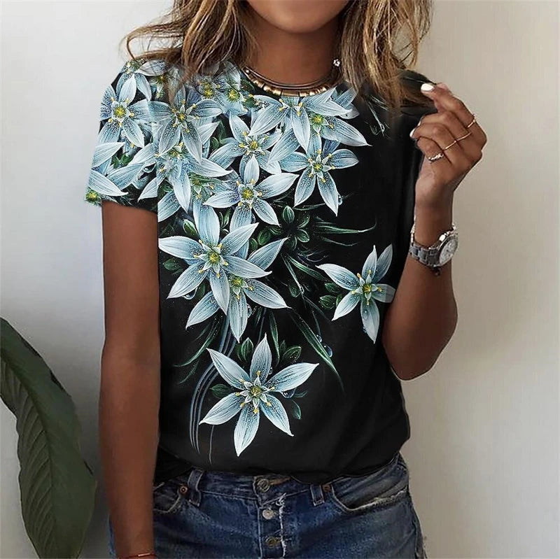New T Shirt For Women's Clothes Fashion Tops For Woman 3D Flower Print Female Short Sleeve Summer Women's T-shirt Plus Size Tees