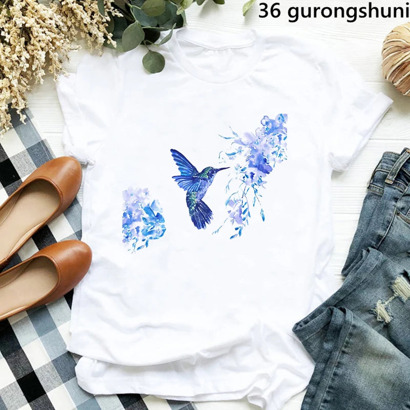Hummingbird Floral Watercolor Purple Bird  T Shirt