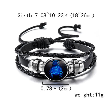 12 Constellation Zodiac Sign Luminous Vintage Leather Bracelet
