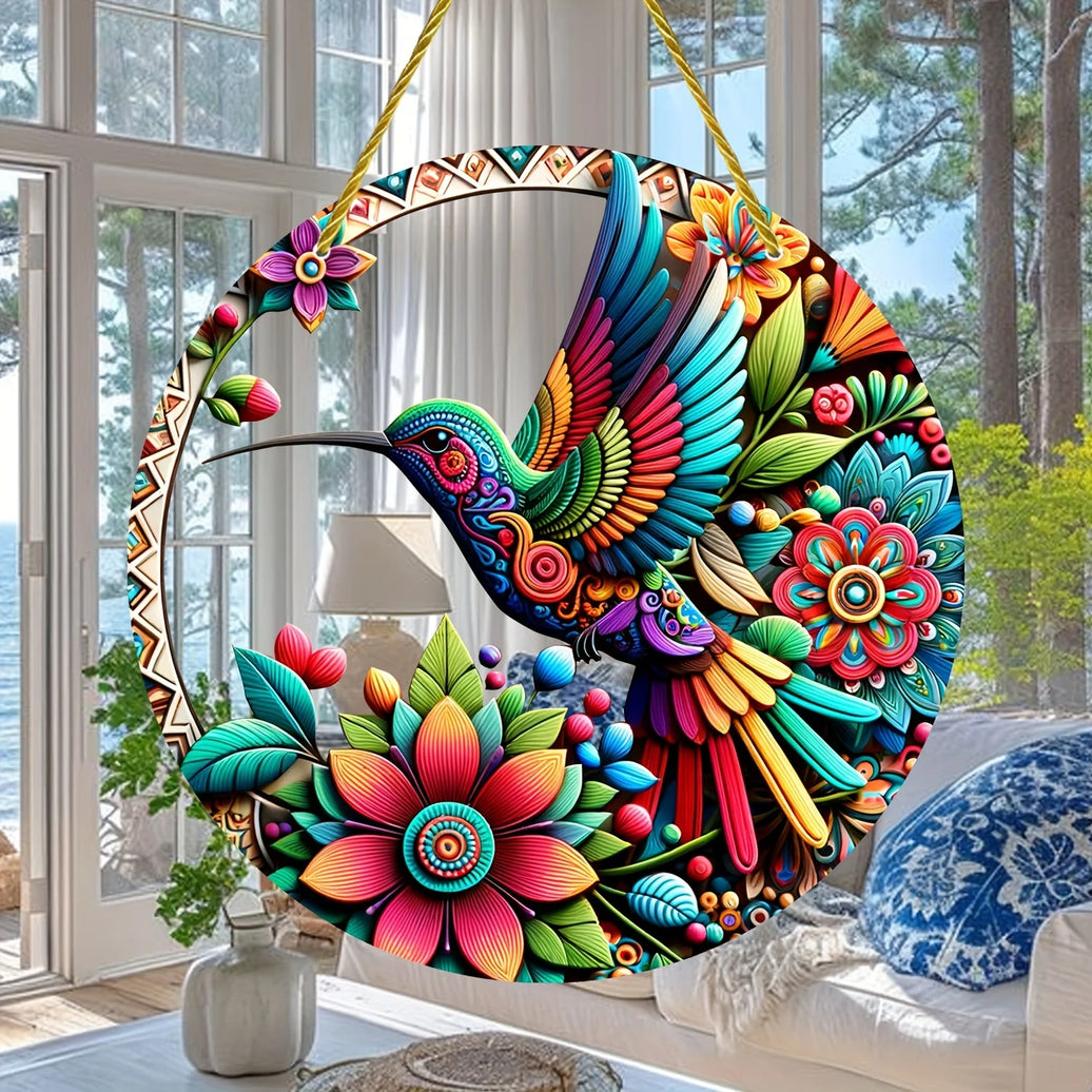 Bohemian Hummingbird Stained Glass-Style Acrylic Window Hanging-Colorful Sun Catcher&Decorative Sign For Indoor/Outdoor,Home
