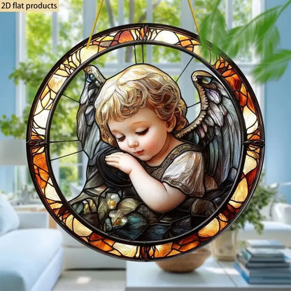 Cute Little Angel Sun Catcher, 2D Circular Acrylic Art Window Hanging, Suitable for Home, Porch, Room, Holiday Decoration, Gifts