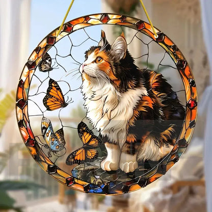 Lively and Lovely Pet Cat Stained Suncatcher-Round Acrylic Translucent Hanging-Porch,door,Home,Garden,yard Room Decor-Ideal Gift