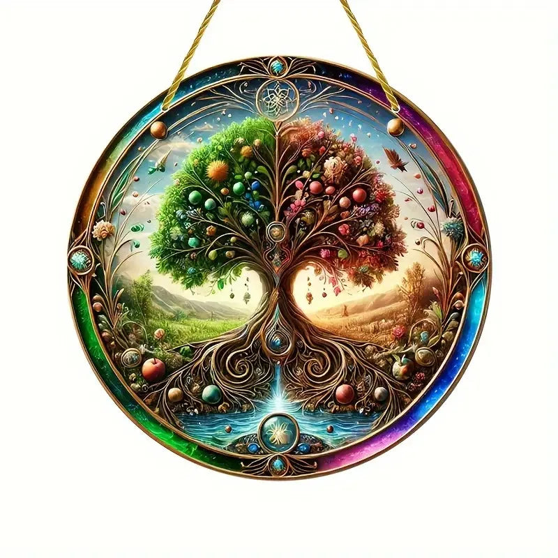 Tree of Life Theme Acrylic Sun Catcher- Window Hanging Decor with Stained Glass Appearance for Multi-Scene Decor Perfect festiva