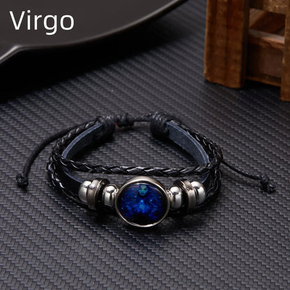 12 Constellation Zodiac Sign Luminous Vintage Leather Bracelet