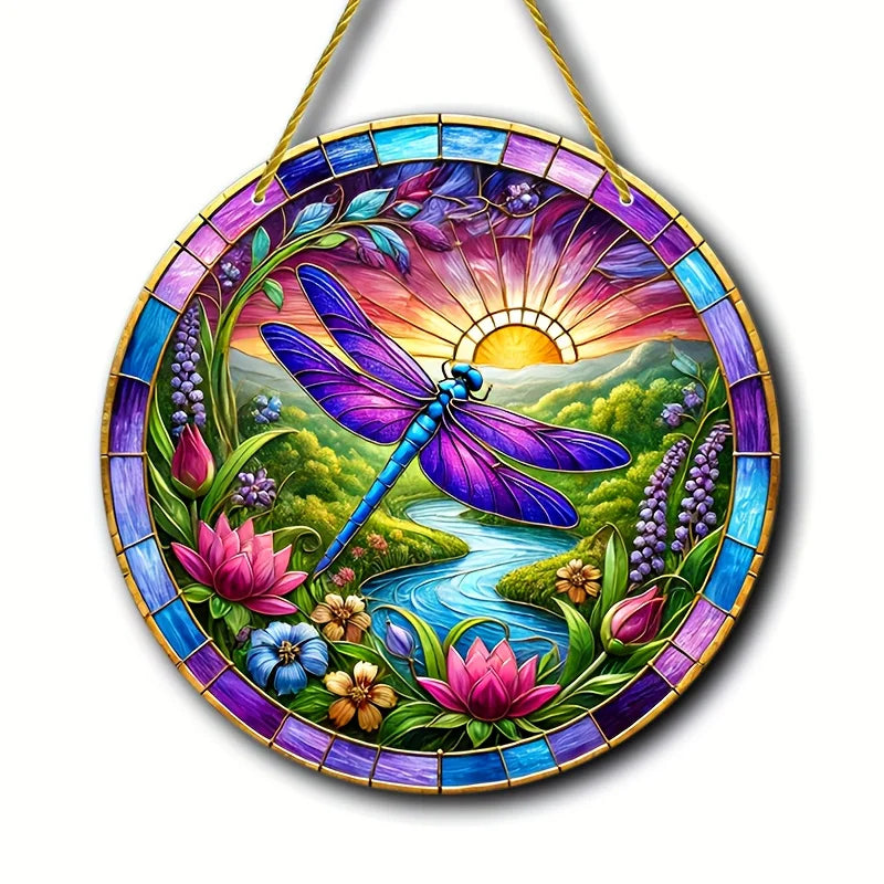 Dragonfly Suncatcher - Round Acrylic Wall Art, Stained -Style Window Hanging, Perfect For Bedroom & Living Room Decor