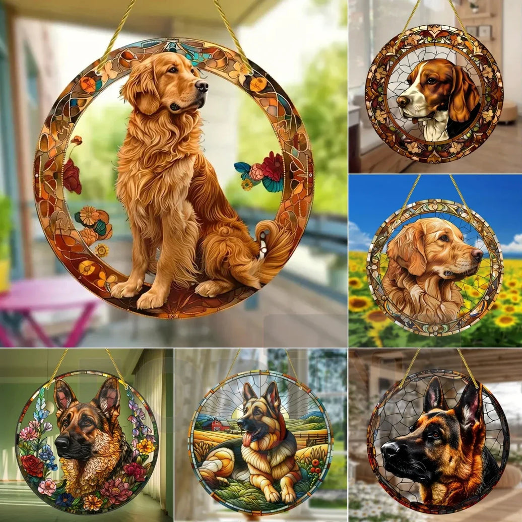 Golden Retriever German Shepherd Suncatcher, Acrylic Round Translucent Hanging,Gift for Dog Lover,House Yard garden farm Decor