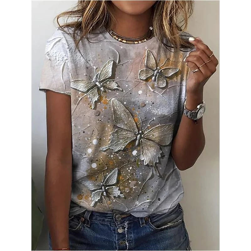 New T Shirt For Women's Clothes Fashion Tops For Woman 3D Flower Print Female Short Sleeve Summer Women's T-shirt Plus Size Tees