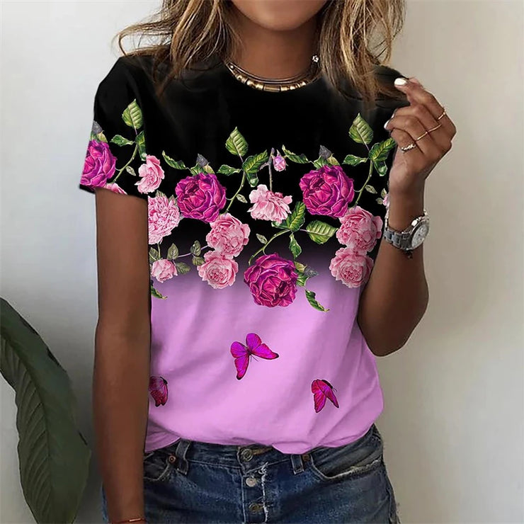 New T Shirt For Women's Clothes Fashion Tops For Woman 3D Flower Print Female Short Sleeve Summer Women's T-shirt Plus Size Tees
