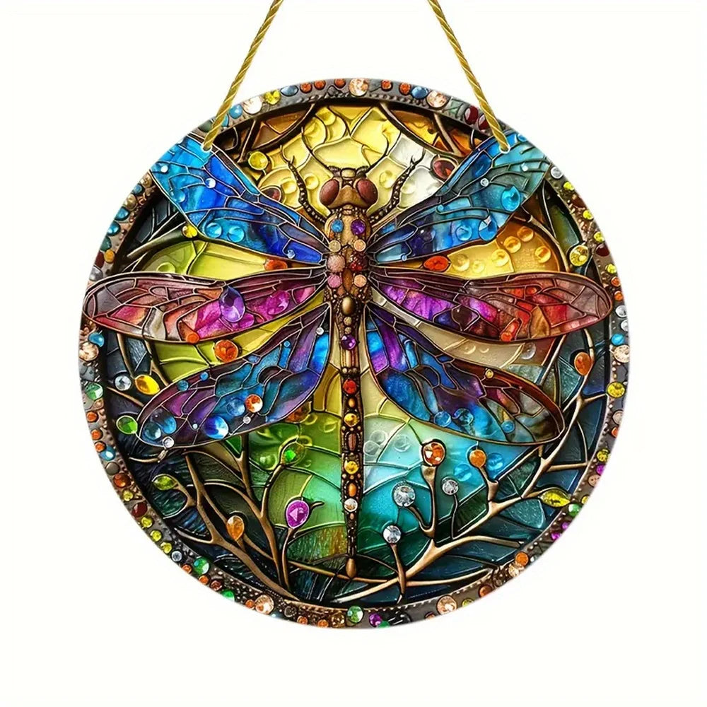 Dragonfly Suncatcher - Round Acrylic Wall Art, Stained -Style Window Hanging, Perfect For Bedroom & Living Room Decor